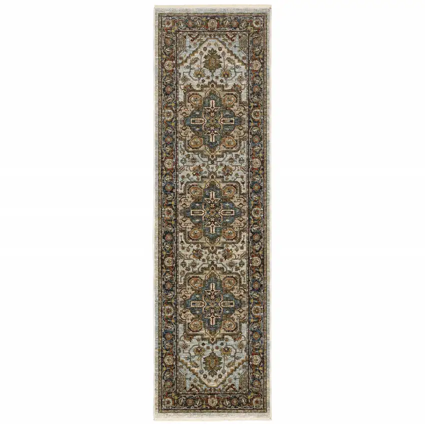 Ivory Beige Blue Orange Gold Green Grey And Rust Oriental Power Loom Stain Resistant Runner Rug With Fringe Photo 1
