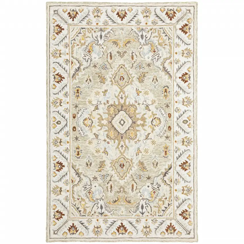 Ivory Beige Gold And Muted Grey Oriental Tufted Handmade Stain Resistant Area Rug Photo 1