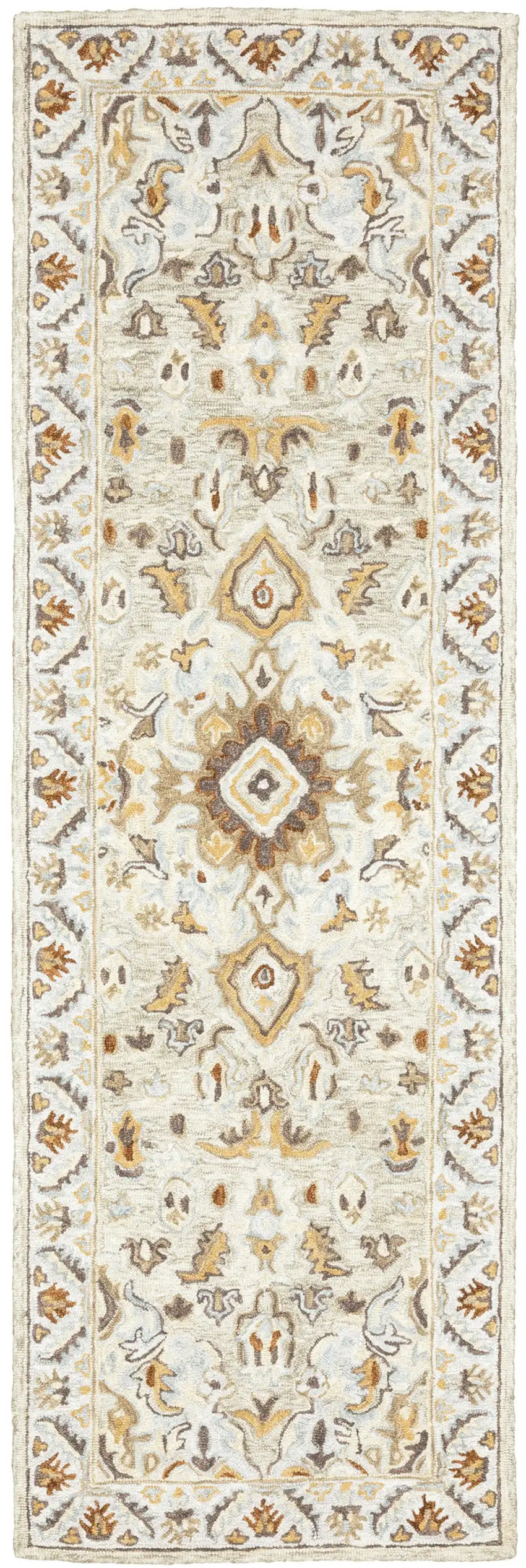 Ivory Beige Gold And Muted Grey Oriental Tufted Handmade Stain Resistant Runner Rug Photo 1