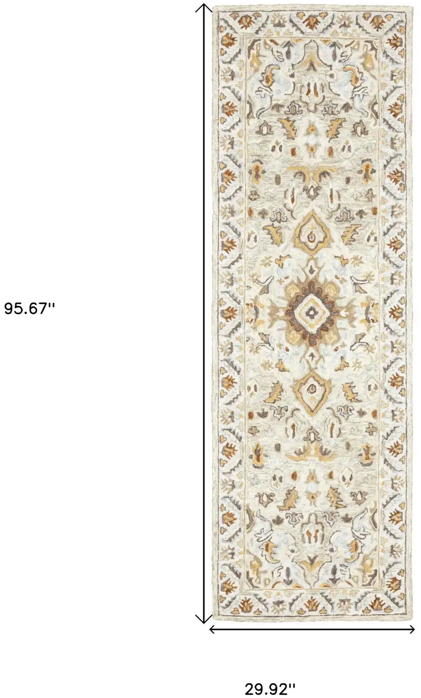 Ivory Beige Gold And Muted Grey Oriental Tufted Handmade Stain Resistant Runner Rug Photo 6