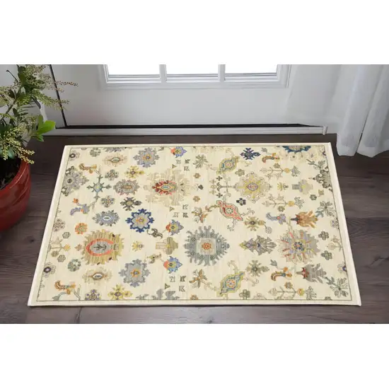 Ivory Beige Gold Grey Blue Pink Red Rust And Green Oriental Power Loom Stain Resistant Area Rug With Fringe Photo 1