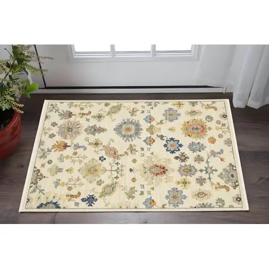 Ivory Beige And Blue Oriental Area Rug With Fringe Photo 1