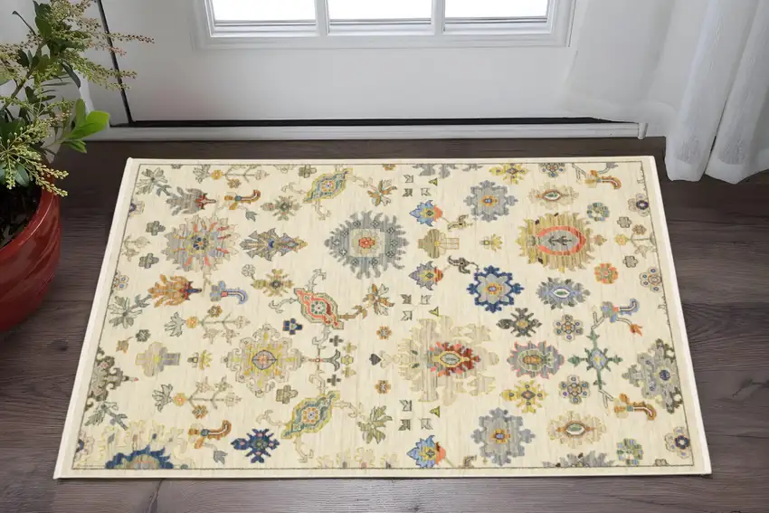 Ivory Beige And Blue Oriental Area Rug With Fringe Photo 1