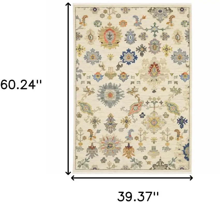 Ivory Beige Gold Grey Blue Pink Red Rust And Green Oriental Power Loom Stain Resistant Area Rug With Fringe Photo 9
