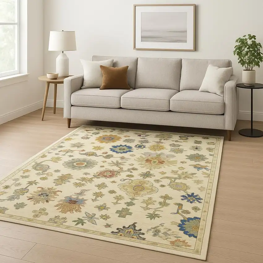 6' X 9' Ivory Beige Gold Grey Blue Pink Red Rust And Green Oriental Power Loom Stain Resistant Area Rug With Fringe Photo 1