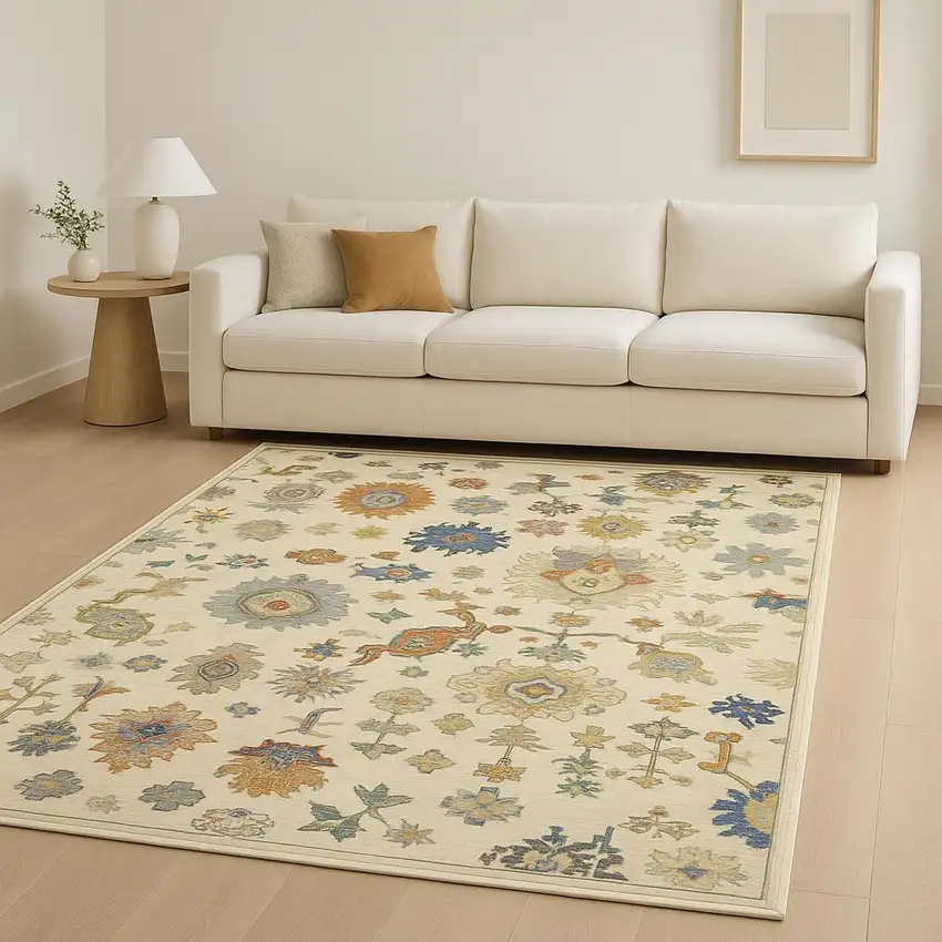 Ivory Beige Gold Grey Blue Pink Red Rust And Green Oriental Power Loom Stain Resistant Area Rug With Fringe Photo 1