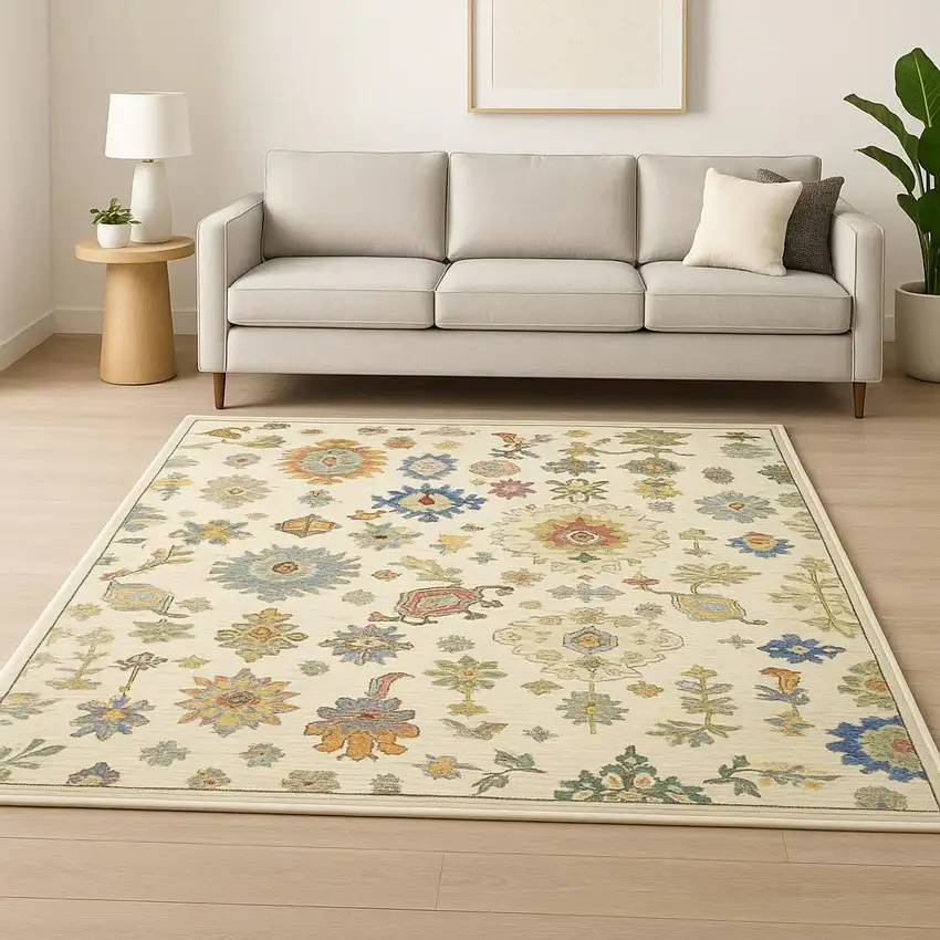 Ivory Beige Gold Grey Blue Pink Red Rust And Green Oriental Power Loom Stain Resistant Area Rug With Fringe Photo 2