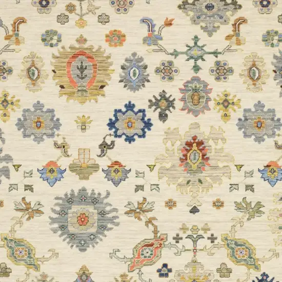 2' X 6' Ivory Beige Gold Grey Blue Pink Red Rust And Green Oriental Power Loom Stain Resistant Runner Rug With Fringe Photo 6