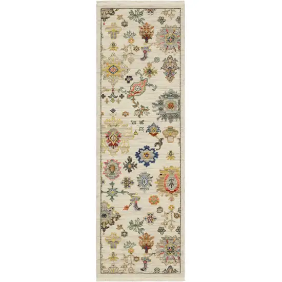 2' X 6' Ivory Beige Gold Grey Blue Pink Red Rust And Green Oriental Power Loom Stain Resistant Runner Rug With Fringe Photo 2