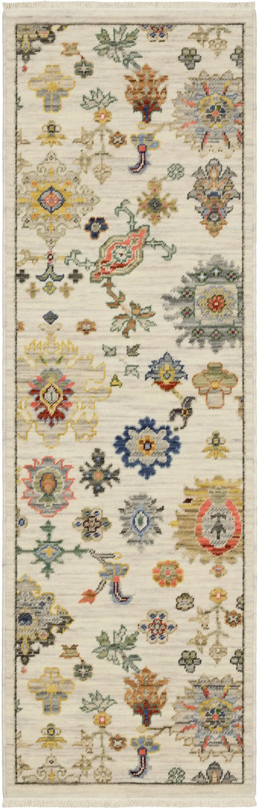 2' X 6' Ivory Beige Gold Grey Blue Pink Red Rust And Green Oriental Power Loom Stain Resistant Runner Rug With Fringe Photo 2