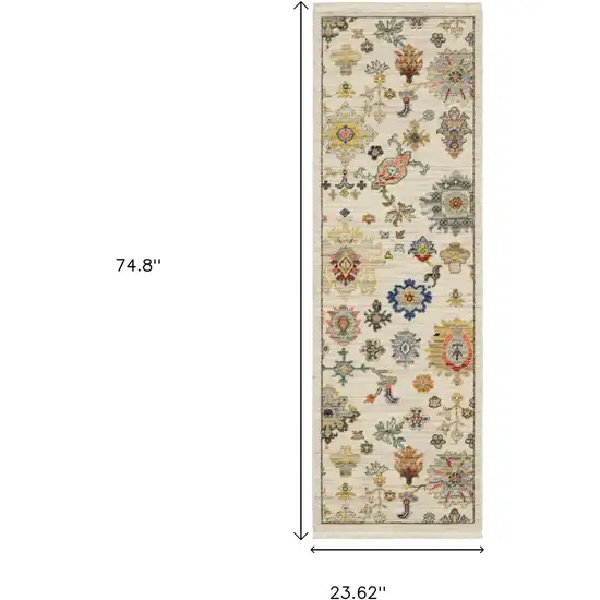 2' X 6' Ivory Beige Gold Grey Blue Pink Red Rust And Green Oriental Power Loom Stain Resistant Runner Rug With Fringe Photo 3
