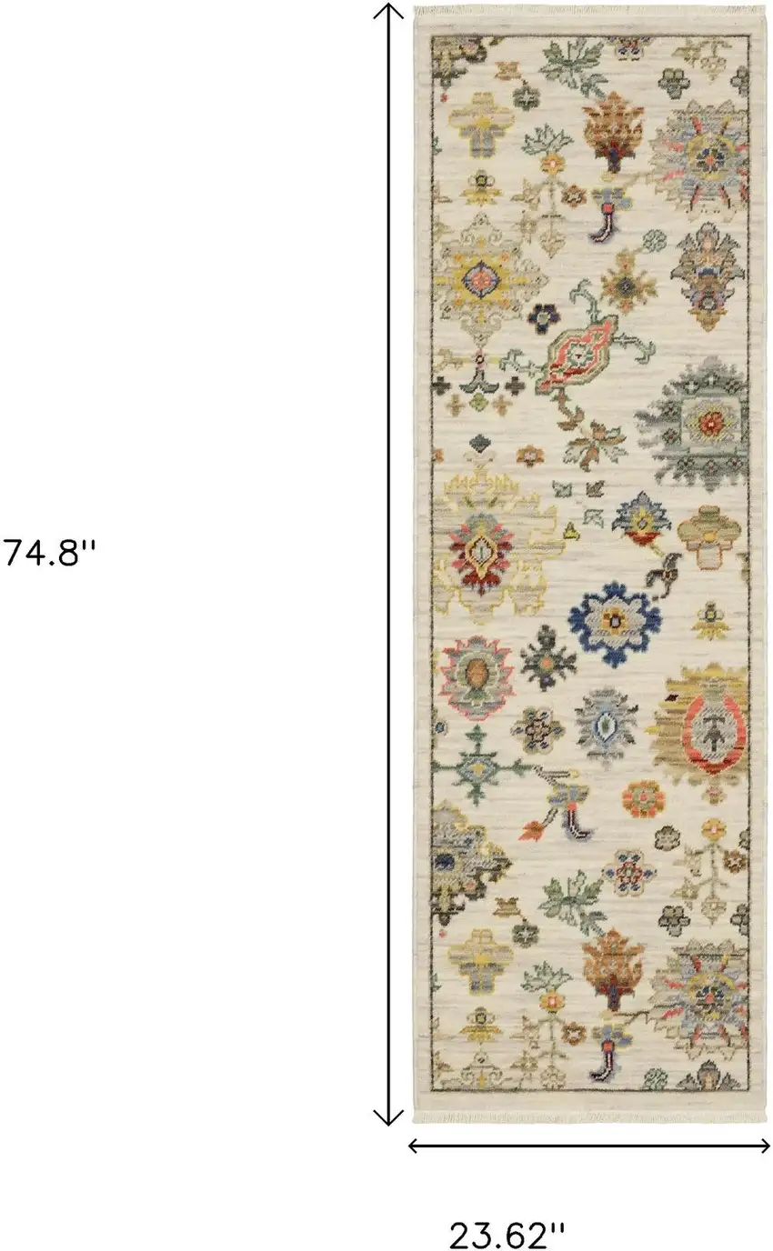 2' X 6' Ivory Beige Gold Grey Blue Pink Red Rust And Green Oriental Power Loom Stain Resistant Runner Rug With Fringe Photo 3