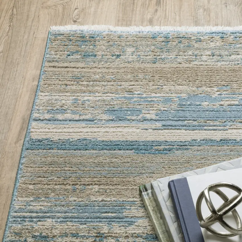 Ivory Beige Grey Blue And Tan Abstract Power Loom Stain Resistant Area Rug With Fringe Photo 6