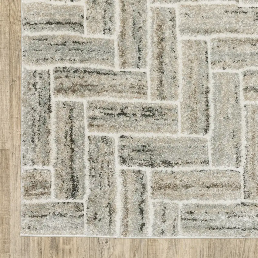 Ivory Beige Grey Brown Pale Blue And Charcoal Geometric Power Loom Stain Resistant Area Rug Photo 4