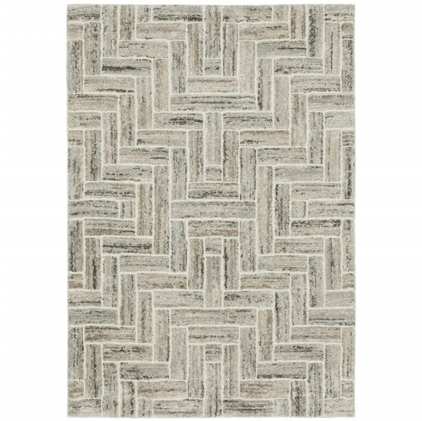 Ivory Beige Grey Brown Pale Blue And Charcoal Geometric Power Loom Stain Resistant Area Rug Photo 1