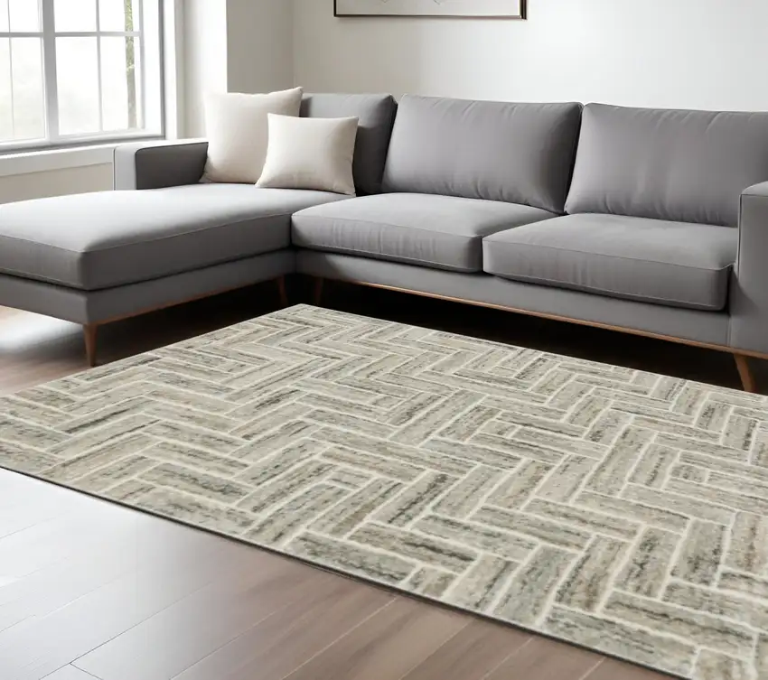 Ivory Beige Grey Brown Pale Blue And Charcoal Geometric Power Loom Stain Resistant Area Rug Photo 1