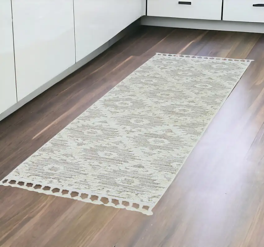 8' Ivory Beige Machine Woven Geometric With Fringe Indoor Runner Rug Photo 1