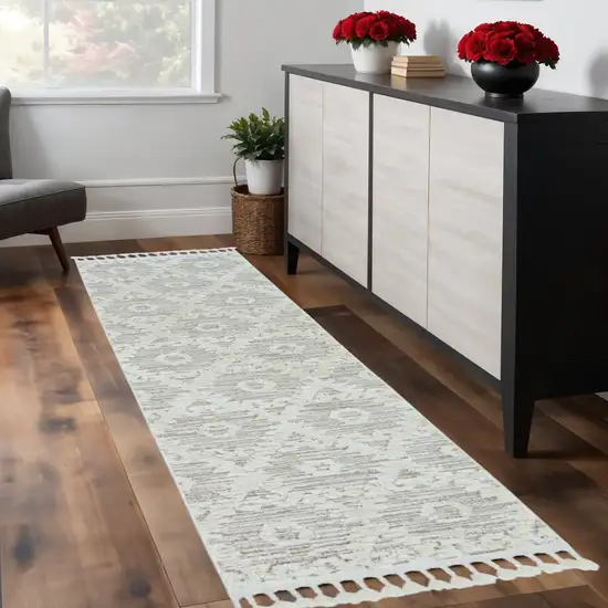 8' Beige and Ivory Geometric Runner Rug Photo 1