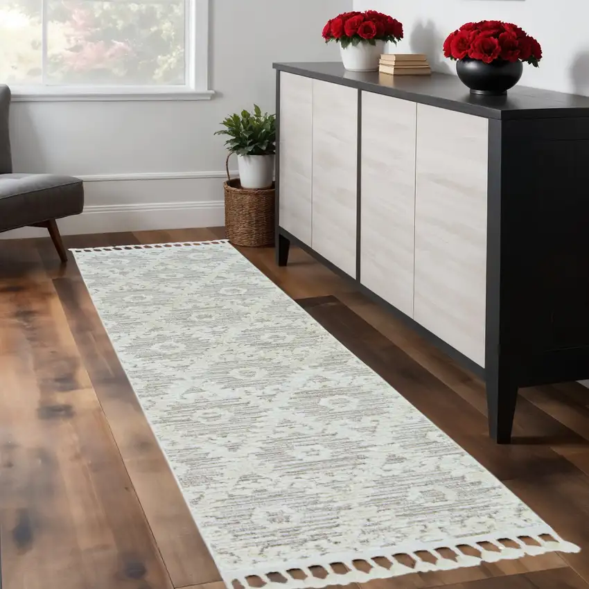 8' Beige and Ivory Geometric Runner Rug Photo 1