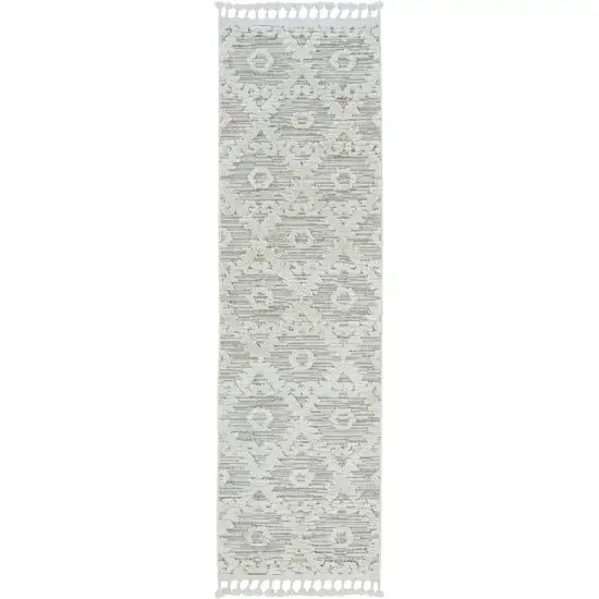 8' Ivory Beige Machine Woven Geometric With Fringe Indoor Runner Rug Photo 4