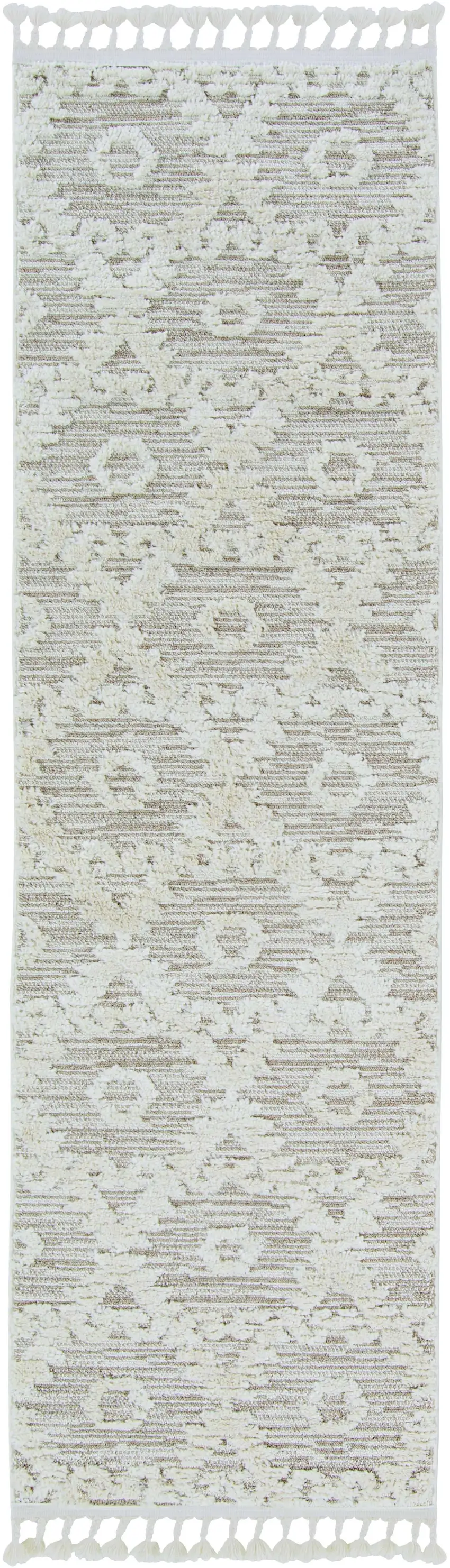 8' Ivory Beige Machine Woven Geometric With Fringe Indoor Runner Rug Photo 4