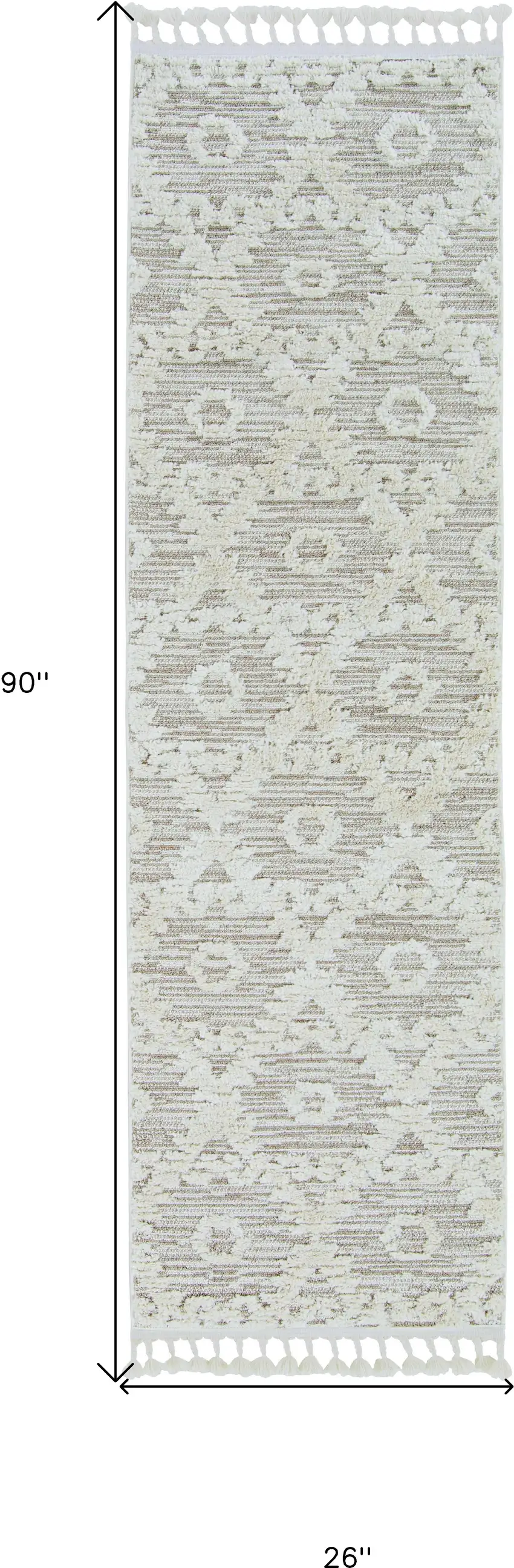 8' Ivory Beige Machine Woven Geometric With Fringe Indoor Runner Rug Photo 3
