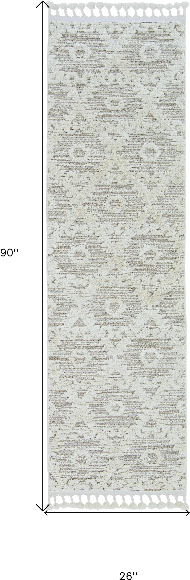 Ivory Beige Machine Woven Geometric With Fringe Indoor Runner Rug Photo 3