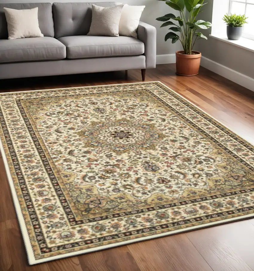 Ivory And Beige Floral Medallion Area Rug Photo 2