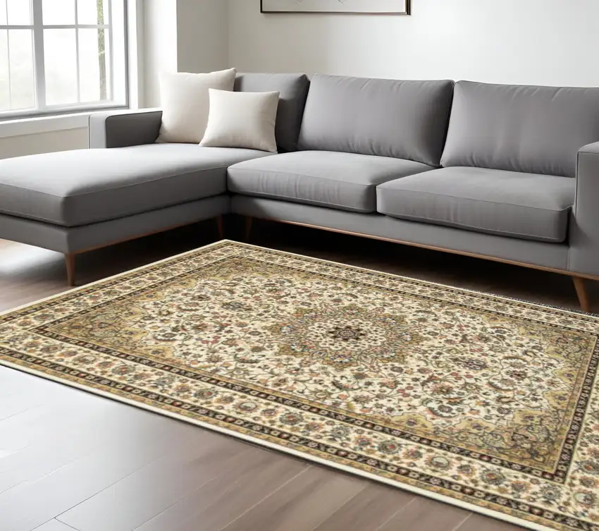 Ivory And Beige Floral Medallion Area Rug Photo 1