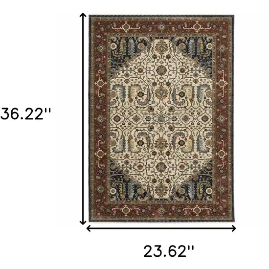 Ivory Beige Red Blue Gold Green And Navy Oriental Power Loom Stain Resistant Area Rug With Fringe Photo 3