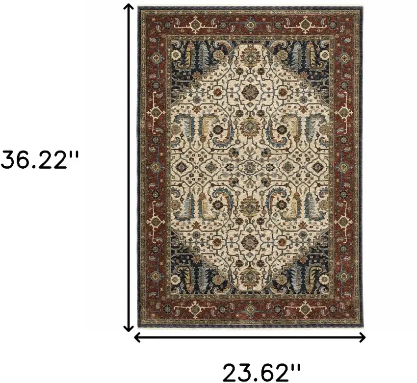 Ivory Beige Red Blue Gold Green And Navy Oriental Power Loom Stain Resistant Area Rug With Fringe Photo 3