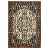 Photo of Ivory Beige Red Blue Gold Green And Navy Oriental Power Loom Stain Resistant Area Rug With Fringe