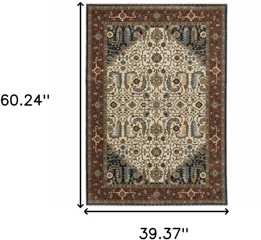Ivory Beige Red Blue Gold Green And Navy Oriental Power Loom Stain Resistant Area Rug With Fringe Photo 3