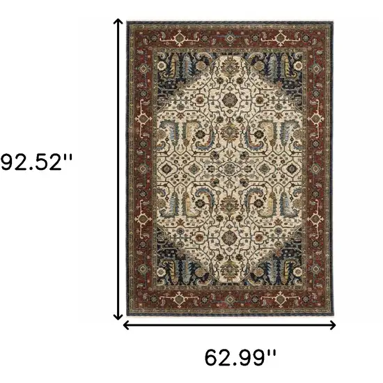 Ivory Beige Red Blue Gold Green And Navy Oriental Power Loom Stain Resistant Area Rug With Fringe Photo 3