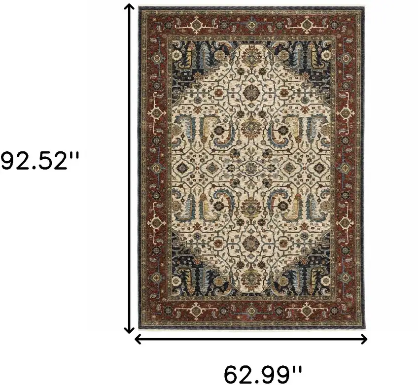 Ivory Beige Red Blue Gold Green And Navy Oriental Power Loom Stain Resistant Area Rug With Fringe Photo 3