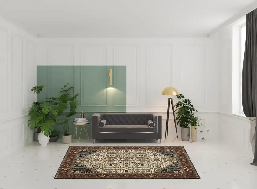 Ivory Beige Red Blue Gold Green And Navy Oriental Power Loom Stain Resistant Area Rug With Fringe Photo 3