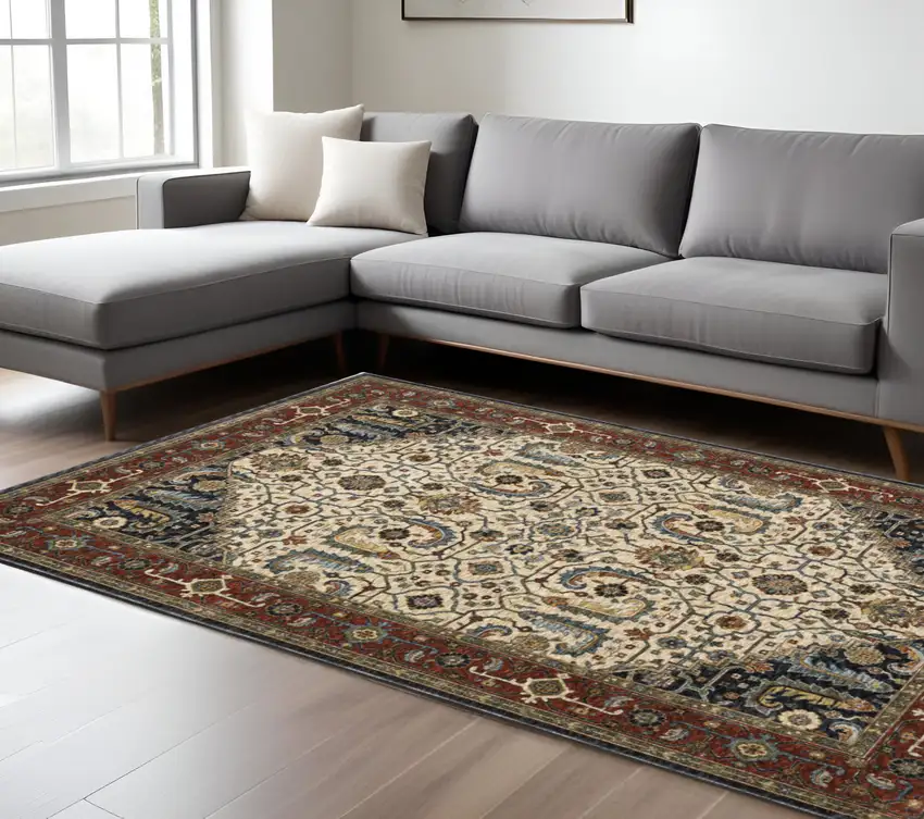 Beige and Ivory Oriental Power Loom Area Rug With Fringe Photo 1