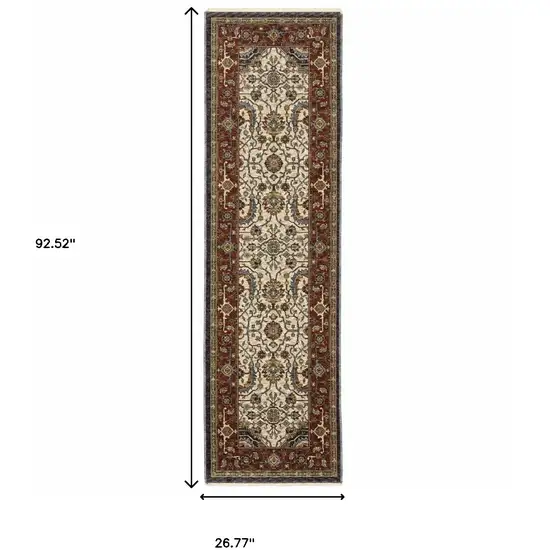 2' X 8' Ivory Beige Red Blue Gold Green And Navy Oriental Power Loom Stain Resistant Runner Rug With Fringe Photo 3