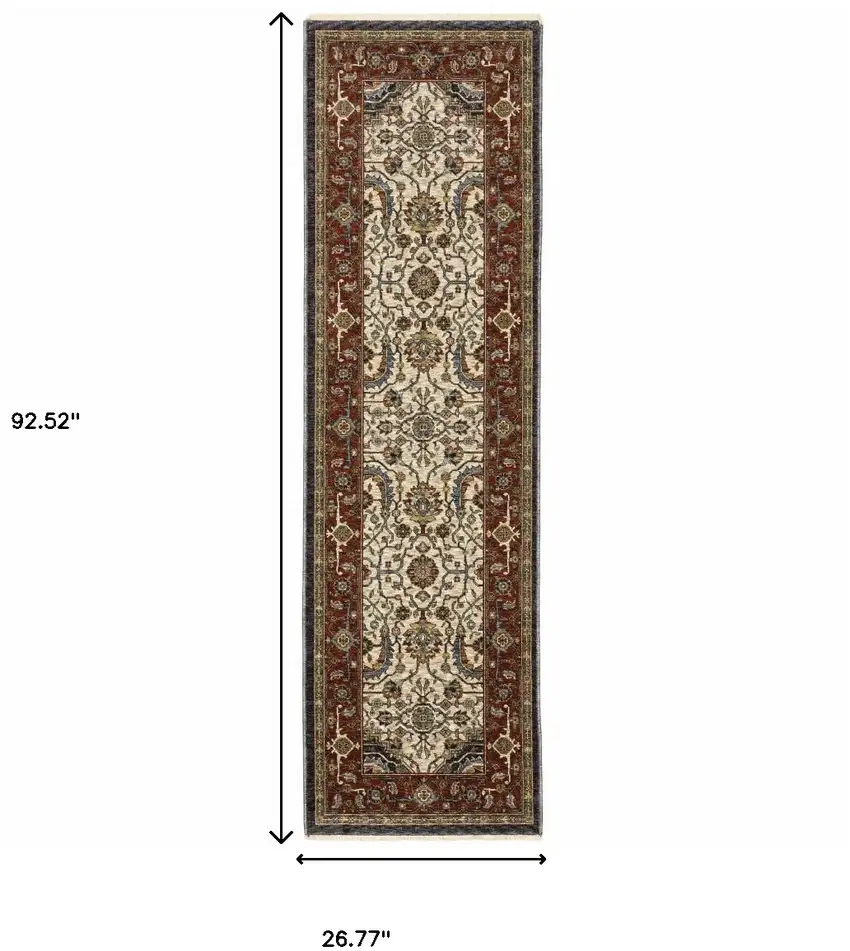 2' X 8' Ivory Beige Red Blue Gold Green And Navy Oriental Power Loom Stain Resistant Runner Rug With Fringe Photo 3