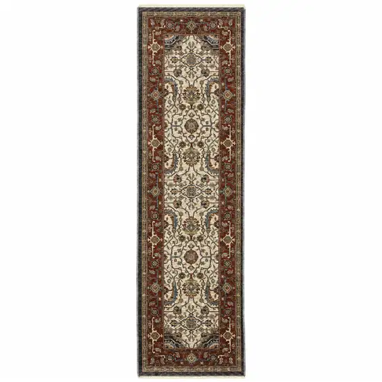 2' X 8' Ivory Beige Red Blue Gold Green And Navy Oriental Power Loom Stain Resistant Runner Rug With Fringe Photo 2