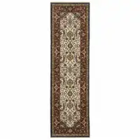 Photo of Ivory Beige Red Blue Gold Green And Navy Oriental Power Loom Stain Resistant Runner Rug With Fringe