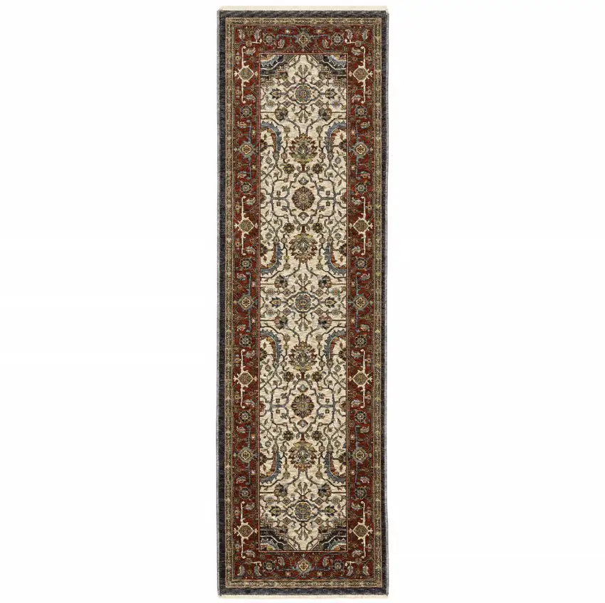 Ivory Beige Red Blue Gold Green And Navy Oriental Power Loom Stain Resistant Runner Rug With Fringe Photo 1