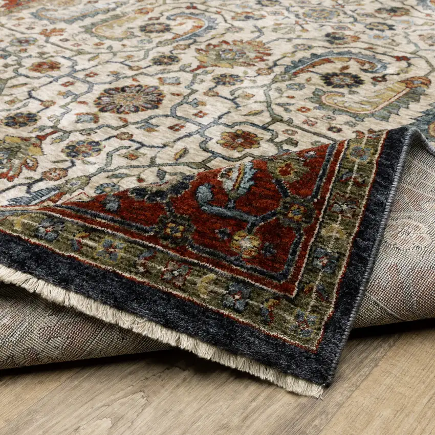 2' X 8' Ivory Beige Red Blue Gold Green And Navy Oriental Power Loom Stain Resistant Runner Rug With Fringe Photo 9