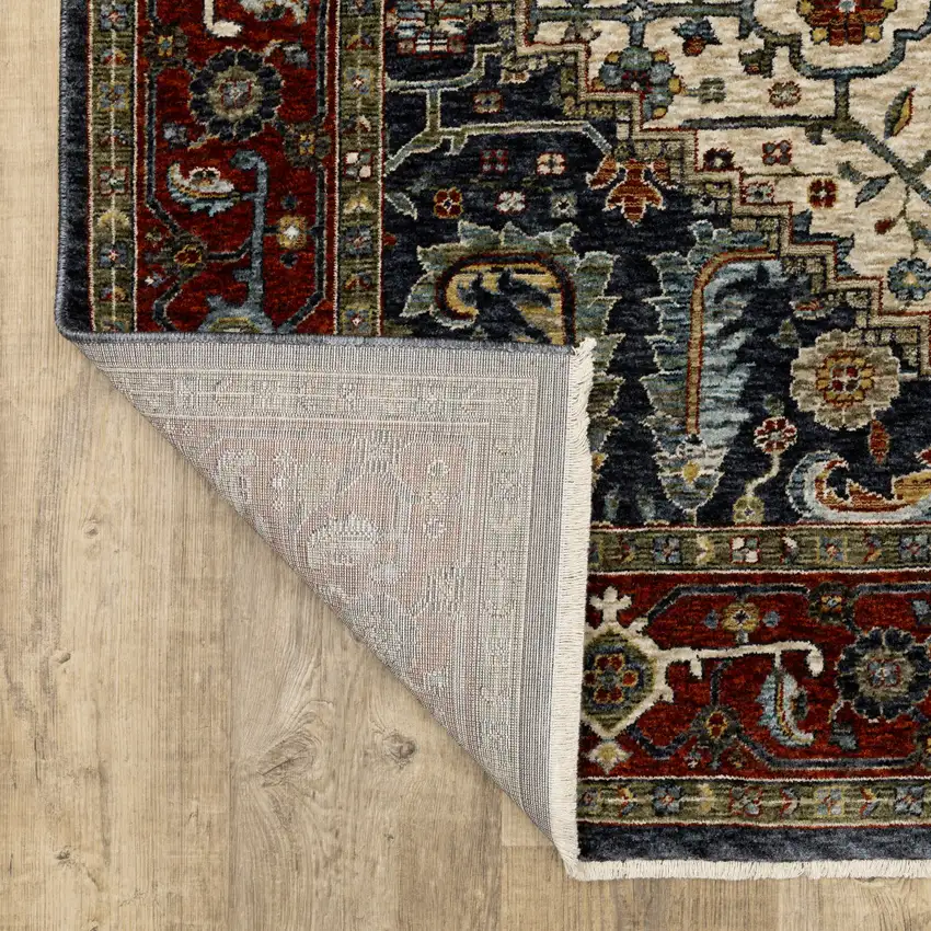 2' X 8' Ivory Beige Red Blue Gold Green And Navy Oriental Power Loom Stain Resistant Runner Rug With Fringe Photo 8