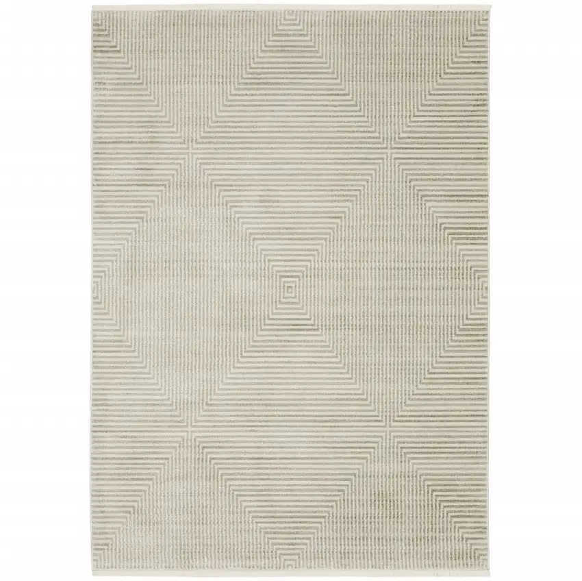 Ivory Beige Taupe And Tan Geometric Power Loom Stain Resistant Area Rug With Fringe Photo 1
