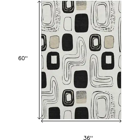 Ivory Black And Beige Geometric Washable Area Rug With UV Protection Photo 8