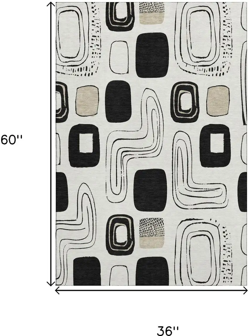 Ivory Black And Beige Geometric Washable Area Rug With UV Protection Photo 8
