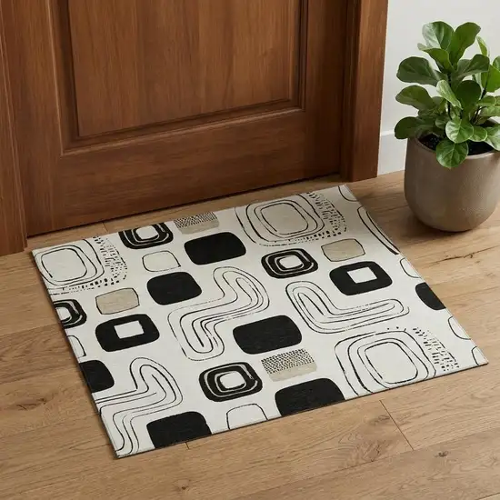 Ivory Black And Beige Geometric Washable Area Rug With UV Protection Photo 1