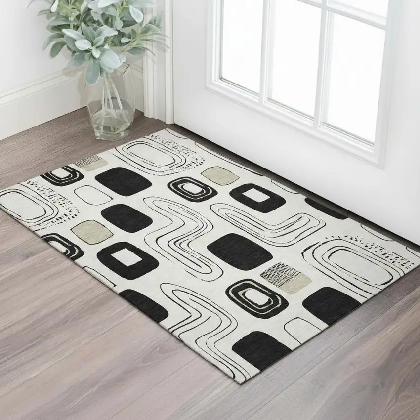 Ivory Black And Beige Geometric Washable Area Rug With UV Protection Photo 2