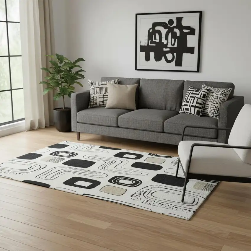 Ivory Black And Beige Geometric Washable Area Rug With UV Protection Photo 2